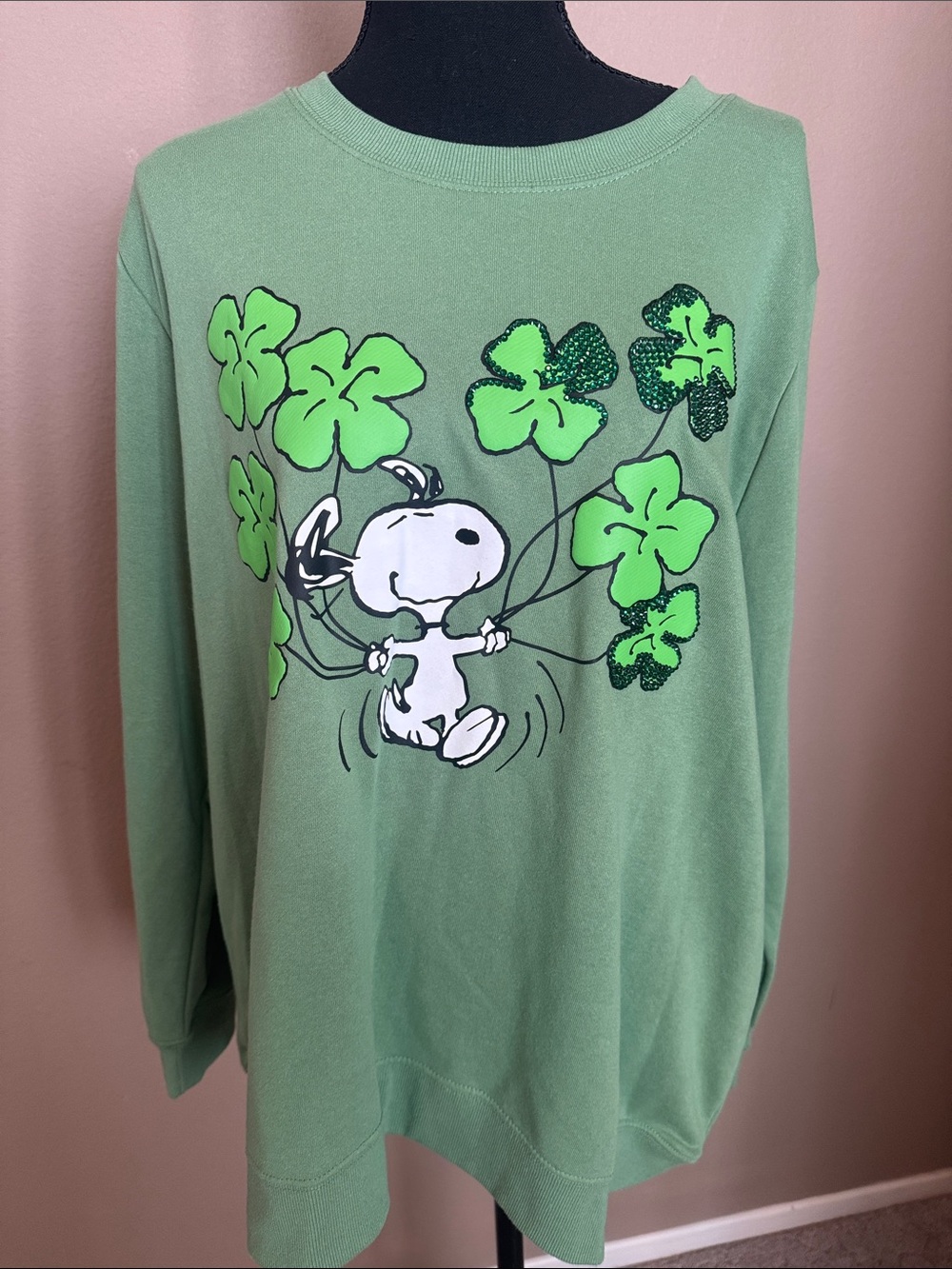 Peanuts Mint Green Snoopy Clover Rhinestone Crewneck Sweatshirt